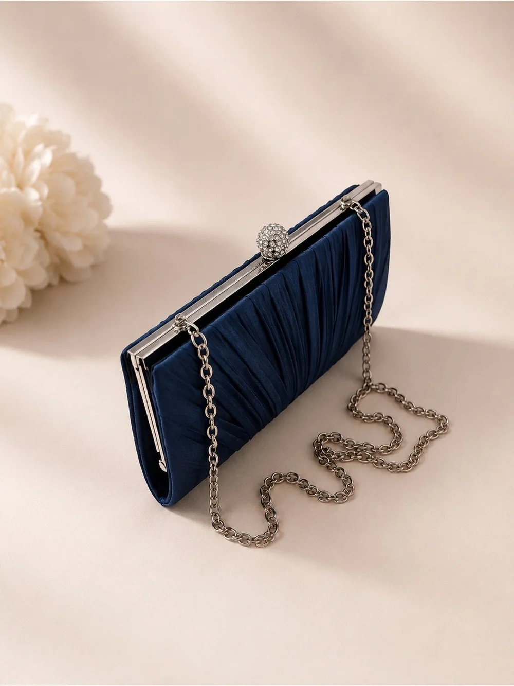 Kate Landry Navy Satin Pleated Evening Clutch with Silver Chain. 8